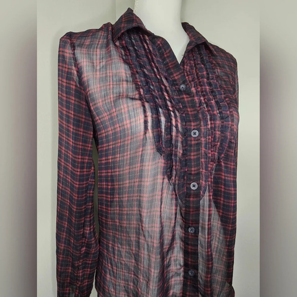 American Eagle Sheer Long Sleeve Ruffle Plaid Blouse - Picture 2 of 8